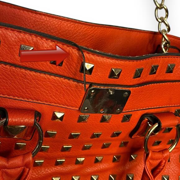 Convertible Top Handle Shoulder Bag Women's Red Gold Studded Faux Leather Tote - Picture 5 of 14